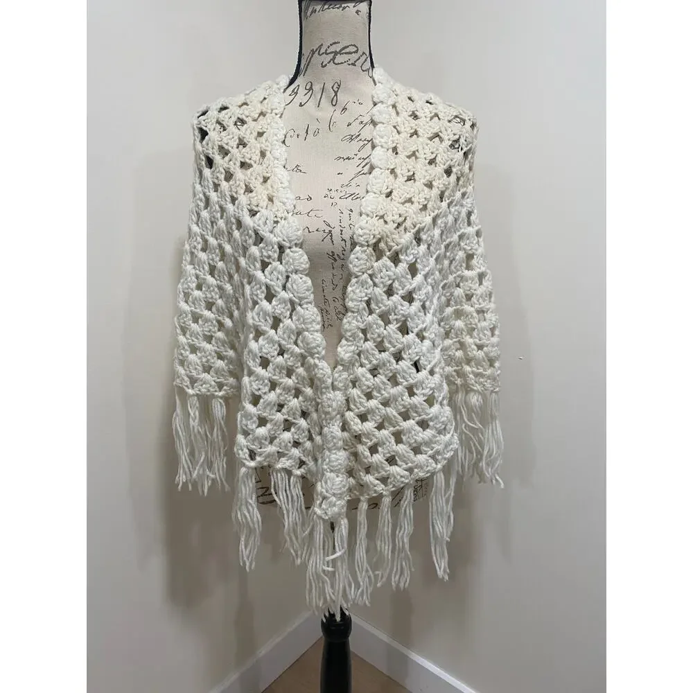 Vintage 70s Fringed Handmade Crocheted White & Cream Blanket Shawl Wrap